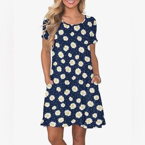 NWT WNEEDU Dress Navy Floral T-shirt Dress Swing Daisy Short Sleeve Women L